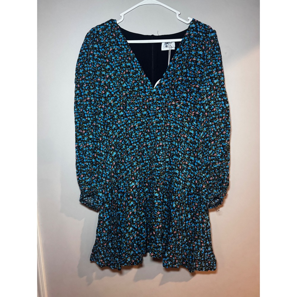 Princess Polly Sting Long Sleeve Mini Dress Black Flora Blue Floral V-Neck US 8